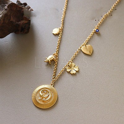 Brass Micro Pave Clear Cubic Zirconia Coin Clover Heart Multi Pendant Necklaces for Women WG98C8B-01-1