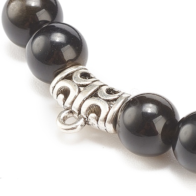 Natural Golden Sheen Obsidian Stretch Bracelet with Alloy Beads BJEW-JB08017-02-1