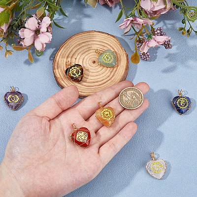7Pcs 7 Styles Chakra Natural Tiger Eye & Sodalite & Red Jasper & Quartz Crystal & Green Aventurine & Amethyst & Red Aventurine Copper Wire Wrapped Heart Pendants with Golden Tone Metal Slices PALLOY-FH00093-1