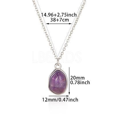 Natural Amethyst Irregular Oval Pendant 304 Stainless Steel Cable Chain Necklaces for Women FS-WGF500E-07-1