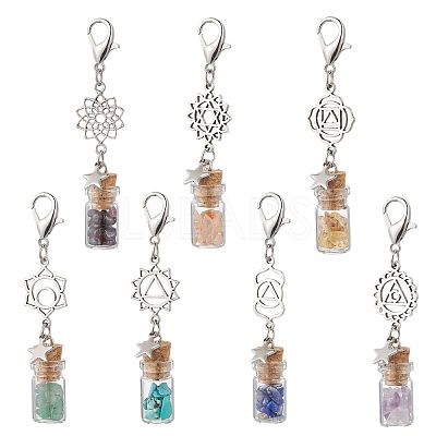 Chakra Natural Lapis Lazuli & Amethyst & Carnelian & Citrine & Garnet & Green Aventurine & Synthetic Turquoise Chips inside Glass Wishing Bottle Pendant Decoration HJEW-JM03308-1