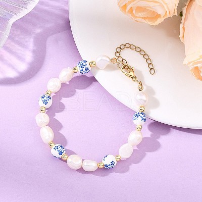 Natural Cultured Freshwater Pearl & Handmade Porcelain & Non-magnetic Synthetic Hematite Beaded Bracelets for Women BJEW-JB13965-1