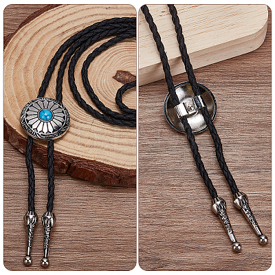 3Pcs 3 Style Adjustable Zinc Alloy Pave Synthetic Turquoise Oval/Flat Round Pendant Black PU Leather Cord Lariat Necklaces NJEW-ME0001-02-1