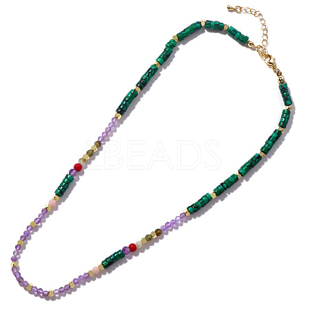 Brass & Natural Malachite & Natural Amethyst Beaded Necklace for Women HJ1573-1