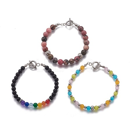 Natural/Synthetic Mixed Gemstone/Cat Eye Round Beaded Bracelets BJEW-L648-06-1