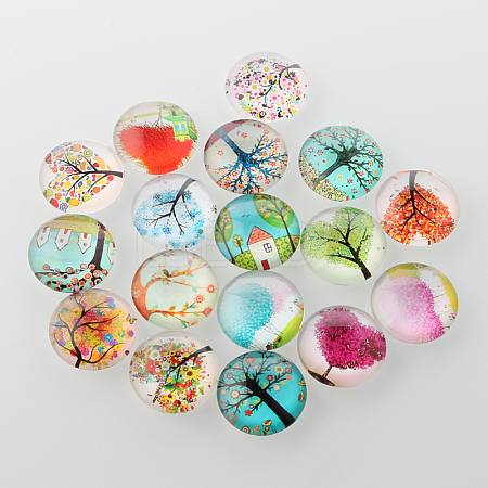 Tree of Life Printed Half Round/Dome Glass Cabochons X-GGLA-A002-14mm-GG-1