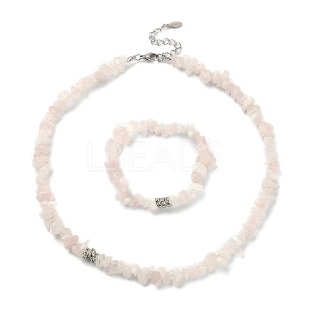 Natural Rose Quartz Chips Beaded Necklace & Stretc Bracelet SJEW-JS01281-02-1