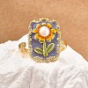 Flower Pattern Brass Enamel & Natural Freshwater Pearl Open Cuff Rings for Women RJEW-G342-01G-01-3