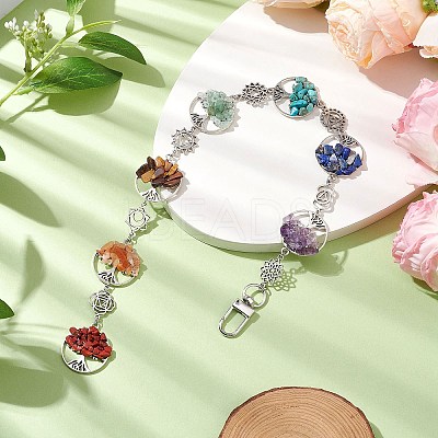 Flat Round with Tree of Life Natural & Synthetic Gemstone Chips Pendant Decorations HJEW-JM02335-1