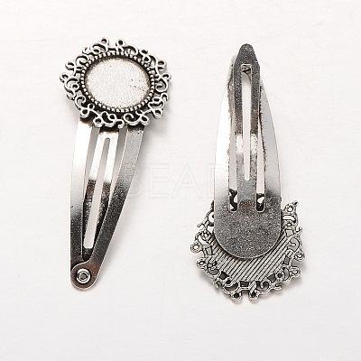 Flower Iron Snap Hair Clips with Tibetan Style Alloy Round Trays MAK-J002-04AS-1
