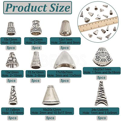 50Pcs 10 Style Tibetan Style Alloy Bead Cone & Caps FIND-NB0003-16-1