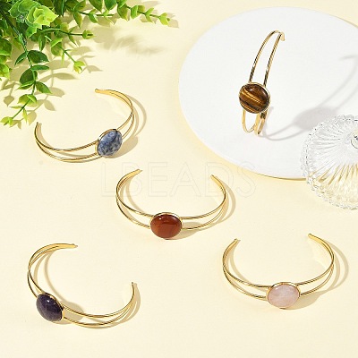 Natural Mixed Stone Flat Round 304 Stainless Steel Cuff Bangles for Women BJEW-JB14352-01-1