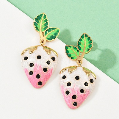 304 Stainless Steel Enamel Strawberry Dangle Stud Earrings EJEW-A138-10G-02-1