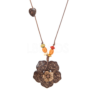 Natural Coconut Pendant Adjustable Leather Cord Long Necklaces with Wood Beads WGC33B1-01-1