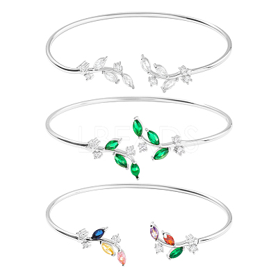 3Pcs 3 Colors Elegant Brass Cubic Zirconia Leaf Cuff Bangles for Women BJEW-GO0003-01P-1