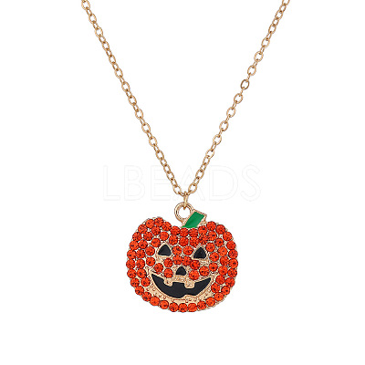 Halloween Alloy Rhinestone Enamel Pumpkin Pendant Necklaces for Unisex WG8A995-01-1