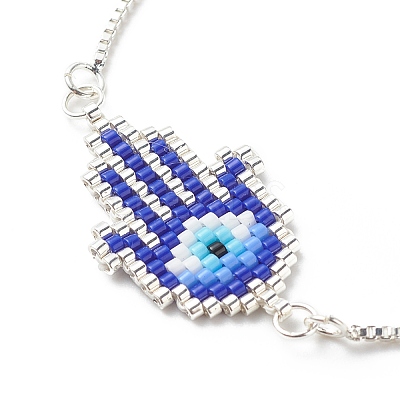 Glass Seed Braided Hamsa Hand with Evil Eye Link Slider Bracelet BJEW-MZ00003-1