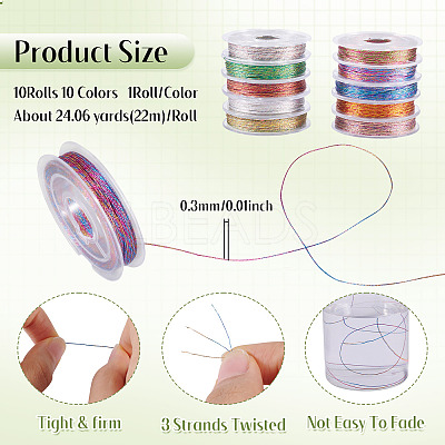 10 Rolls 10 Colors 3-Ply Round Metallic Cord Sets MCOR-TAC001-02-1