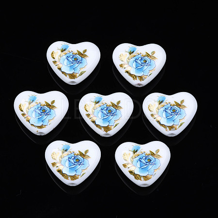 Flower Printed Opaque Acrylic Heart Beads SACR-S305-28-F02-1