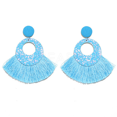 Bohemian Style Acrylic & Polyester Fan Tassel Stud Earrings FS-WGB5BEF-05-1