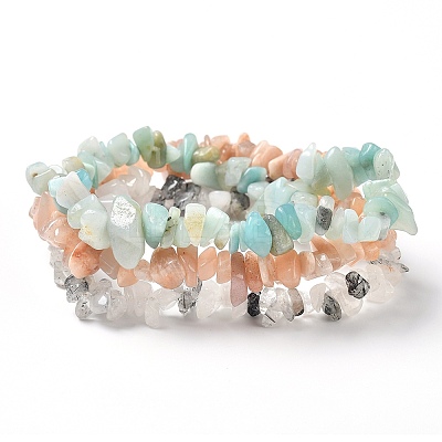 Chips Natural Rutilated Quartz & Flower Amazonite & Sunstone Beaded Stretch Bracelets Sets X-BJEW-JB05332-06-1