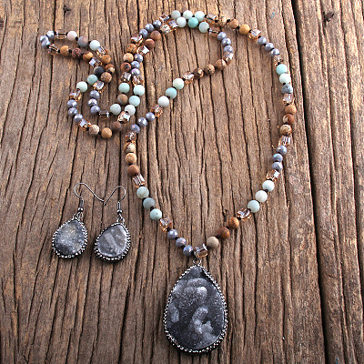 Teardrop Bohemian Style Glass with Natural Picture Jasper Pendant Necklace & Dangle Earrings Sets FS-WG0DE9F-04-1