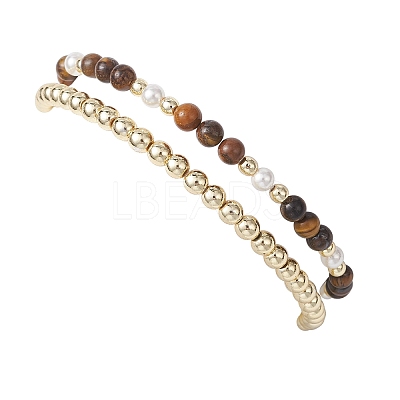2Pcs Natural Tiger Eye & Shell Pearl & Non-magnetic Synthetic Hematite Beaded Stretch Bracelets for Women BJEW-JB12938-03-1