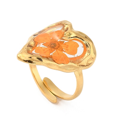 Ion Plating(IP) Heart Epoxy Resin with Dry Flower Adjustable Rings RJEW-G304-01G-1