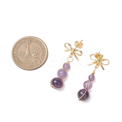 Natural Amethyst Bowknot with Round Dangle Stud Earrings EJEW-JE06780-02-1