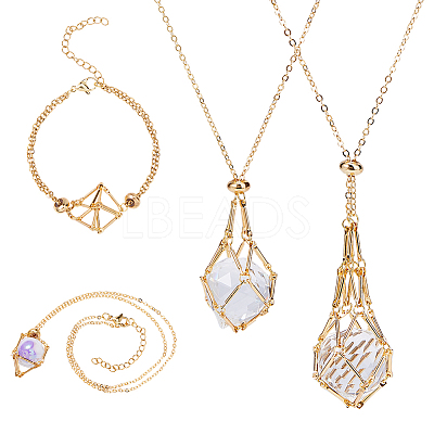 4Pcs 4 Styles Brass Braided Macrame Pouch Empty Stone Holder Bracelet Making & Necklaces Making Set for Women SJEW-DC00001-1