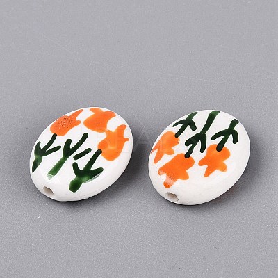 Hand Painted Tulip Flower Oval Porcelain Beads PORC-N012-11D-1
