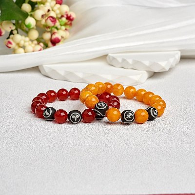 Dark Orange Natural Yellow Jade Round Beaded Stretch Bracelet BJEW-SW00077-07-1