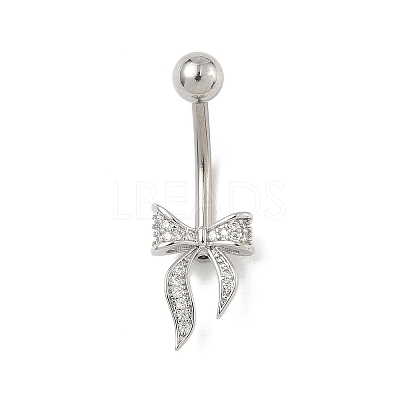 Brass Pave Clear Cubic Zirconia Curved Barbell Bowknot Belly Rings LS-AJEW-L099-01B-P-1