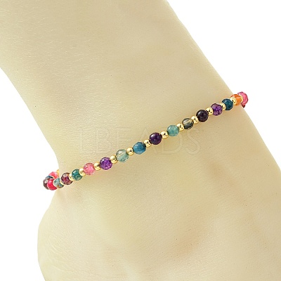 Faceted Round Natural Multi-Color Agate & Brass Beaded Anklets AJEW-AN00880-1