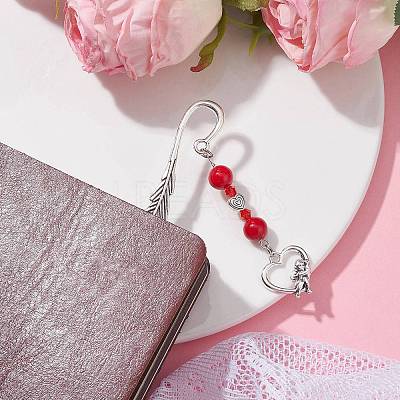 Valentine's Day Alloy Heart Pendant Bookmarks AJEW-JK00270-03-1