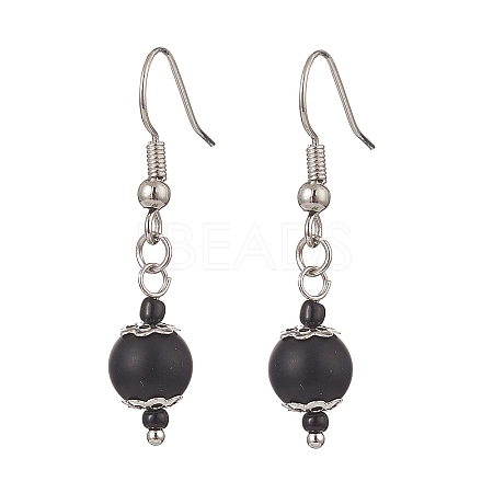 Synthetic Black Stone & Glass Round Beaded Dangle Earrings EJEW-JE05163-1