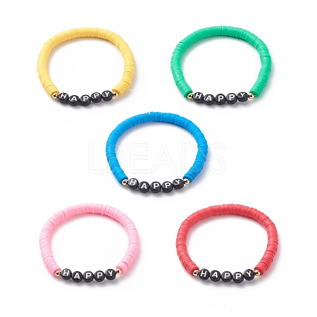 5Pcs 5 Color Handmade Polymer Clay Disc Surfer Stretch Bracelets Set BJEW-JB08800-1