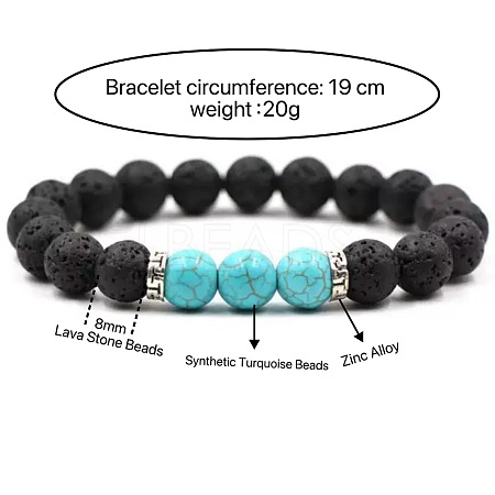 8MM Round Synthetic Turquoise and Natural Lava Rock Beaded Stretch Bracelets for Couples BW4110-3-1