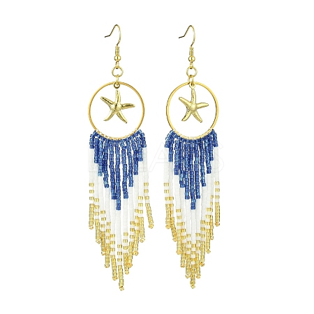 Ring with Starfish Tassel Glass Seed with Brass Boho Dangle Earrings EJEW-MZ00145-1