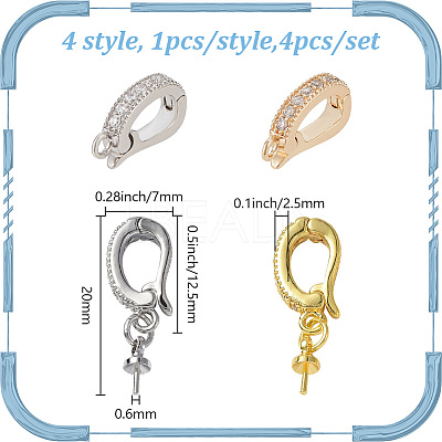 4Pcs 4 Styles Brass Micro Pave Clear Cubic Zirconia Fold Over Clasps KK-DR0001-12-1
