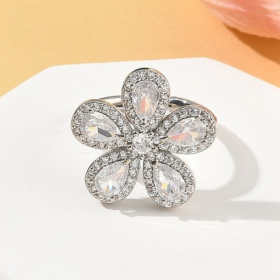 Flower Brass Micro Pave Cubic Zirconia Cuff Rings for Women RJEW-A069-14P-03-1