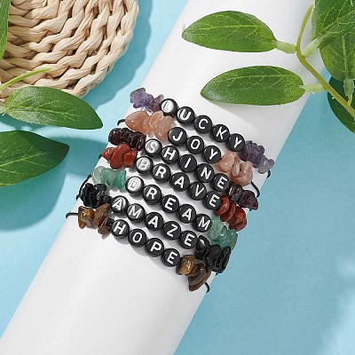 Natural Gemstone Chip Braided Bead Bracelets BJEW-JB09608-1