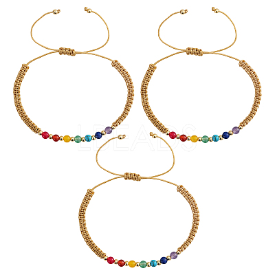 3Pcs Adjustable Chakra Natural & Synthetic Mixed Stone Round Bead Braided Bracelet Sets ZZ4943-3-1