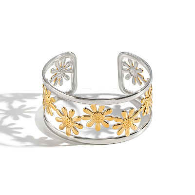 304 Stainless Steel Vintage Daisy Flower Hollow Open Cuff Bangles for Women HL3157-2-1