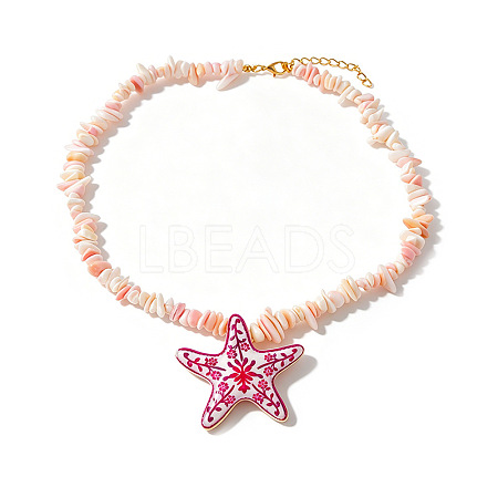 Summer Beach Alloy Enamel Starfish Pendant Resin Chip Beaded Necklaces for Women WGCAA00-02-1