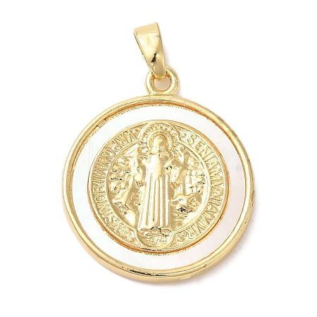 Rack Plating Brass Pave Shell Saint Benedict Medal Pendants KK-L220-026G-1