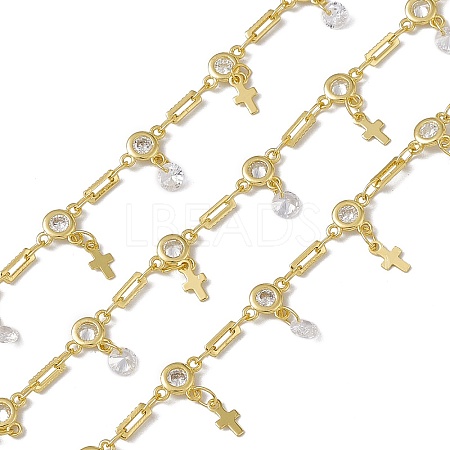 Brass Rectangle & Cubic Zirconia Flat Round Link Chains CHC-P010-04G-1