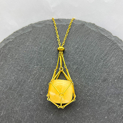 Natural Topaz Jade Nuggets Macrame Pouch Pendant 201 Stainless Steel Chain Necklaces FS-WG7A779-16-1