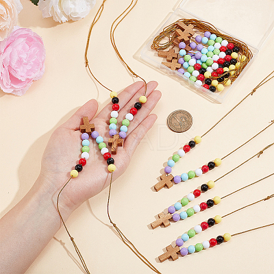 Wood Cross with Acrylic Beaded Pendant Necklaces for Women NJEW-AB00014-1