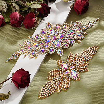 2Pcs 2 Style Flower Pattern Hotfix Rhinestone DIY-WR0003-50-1
